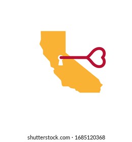 California real estate vector icon. Golden state and vintage red key in the keyhole. Branding idea, business card emblem.