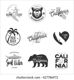 California related t-shirt vintage style graphics set. Labels, badges, emblems and design elements collection. Vector illustration.
