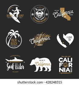 California related t-shirt vintage style graphics set. Labels, badges, emblems and design elements collection. Vector illustration.