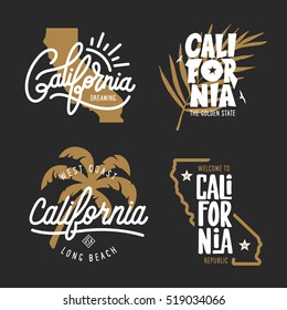 California related t-shirt vintage style graphics set. Labels, badges, emblems and design elements collection. Vector illustration.