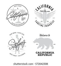 California related t-shirt vintage style graphics set. Labels, badges, emblems and design elements collection. Vector illustration.
