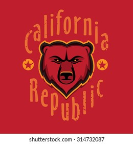 California Republic apparel t shirt fashion design, Grizzly Bear Head graphic, typographic art, ink drawing vector illustration, Golden state west coast travel souvenir. Wall Decor