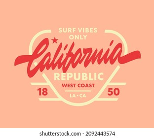 California Republic hand lettered t shirt graphic print. Golden State Apparel Graphics. West Coast Inspired Vintage Design. Retro Fashion Surf Inspired California Lettering