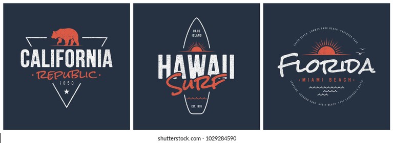 California republic, Hawaii surf and Florida t-shirt and apparel vector designs, typography, prints, labels, posters. Global swatches.