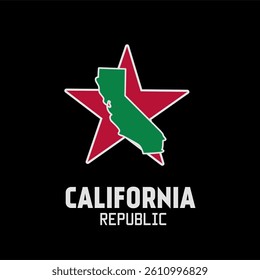 California Republic Map with Star Perfect for Print, Apparel, etc