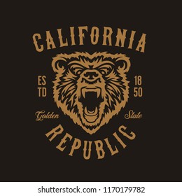 California republic t-shirt design with grizzly bear head. Hand drawn graphics for prints, posters, stickers. Golden state typography. Vector vintage illustration.