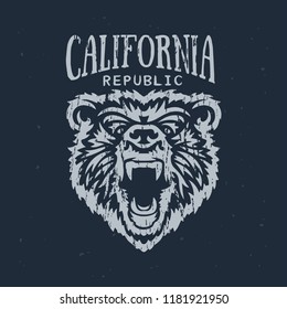 California republic t-shirt design with grizzly bear head. Hand drawn graphics for prints, posters, stickers. Vector vintage illustration.