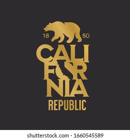 California republic t-shirt design with grizzly bear and typography inscription. Golden colored apparel print. Vector vintage illustration.