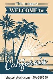 California republic vector poster with palm trees, sport t shirt surfing graphics