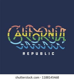 California Republic Vintage Apparel Print Design. Retro Fashioned Rainbow Striped T Shirt Lettering. Vector Illustration.