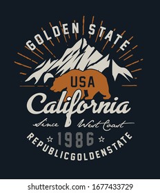 California Republic vintage typography with a grizzly Bear, t-shirt print graphics on black background