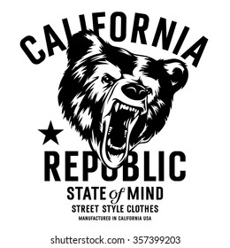 California Republic vintage typography with a  head of a grizzly Bear, t-shirt print graphics