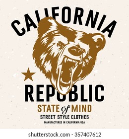 California Republic vintage typography with a  head of a grizzly Bear, t-shirt print graphics. Grunge background on separate layer