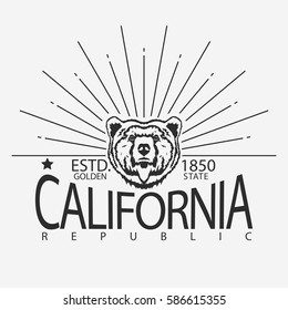 California Republic vintage typography, Head of grizzly Bear print, Design for t-shirt. Golden State Clothing emblem. Vector