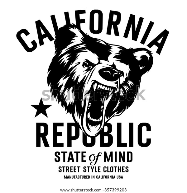 グリズリー ベアの頭を持つカリフォルニア共和国のビンテージタイポグラフィ Tシャツの印刷グラフィックス のベクター画像素材 ロイヤリティフリー