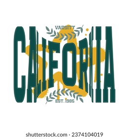 California - retro college font typography slogan print for tee t shirt with branch decoration and star graffiti. 80s vintage Vector design.