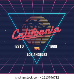 California retro futuristic glow logo. 80's style Beach palm and retro sun. Vector Print for T-shirt, typography. 