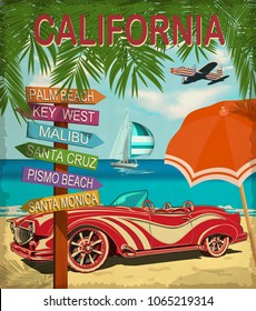 California retro poster with retro car. 