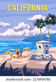 California Retro Poster. Family, lifeguard house on the beach, surfer, palm, coast, surf, ocean. Vector illustration vintage