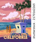 California Retro Poster. Lifeguard house on the beach, surfer, palm, coast, surf, ocean. Vector illustration vintage