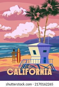 California Retro Poster. Lifeguard house on the beach, surfer, palm, coast, surf, ocean. Vector illustration vintage