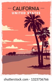 California retro poster. USA California travel illustration. United States of America greeting card. vector illustration.