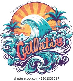 California retro tshirt design with waves vector illustration