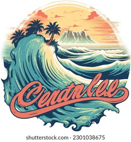 California retro tshirt design with waves vector illustration