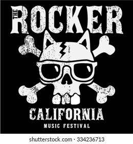 California Rock and roll music typography and skull drawing with sun glasses, t-shirt graphics, vectors. Design elements for kids.