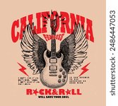 California Rock and roll vintage gutter with wings graphic in vector, fearless text slogan print, rock music , punk prussic, metal music, hip-hop music, summer party vibes t-shirt print