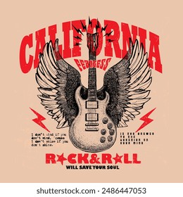 Rock y rollo de California canaleta vintage con alas gráfico en Vector, texto sin miedo eslogan de impresión, música rock, música punk, música de metal, música hip-hop, verano fiesta vibraciones camiseta de impresión