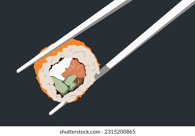 California roll with salmon in chopsticks on dark background