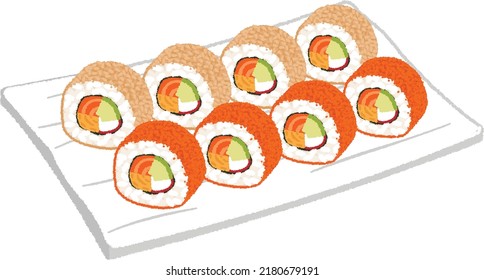 California roll is a type of sushi roll that is popular in the United States. A hand-rolled crab-flavored kamaboko, avocado, mayonnaise, white sesame, etc.