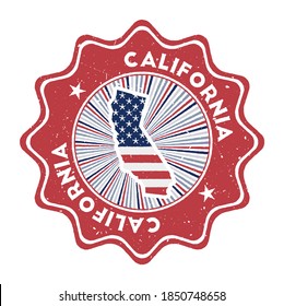 California round grunge stamp with us state map and country flag. Vintage badge with circular text and stars, vector illustration.