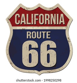 California, Ruta 66, signo de metal oxidado vintage sobre fondo blanco, ilustración vectorial