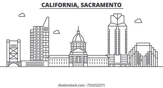 California  Sacramento Architecture Line Skyline Illustration. Linear Vector Cityscape With Famous Landmarks, City Sights, Design Icons. Landscape Wtih Editable Strokes