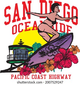 California San Diego surfer yoga girls graphic design vector art