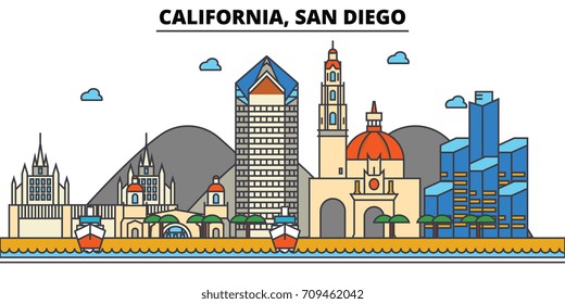 California, San Diego.City Skyline: Architektur, Gebäude, Straßen, Silhouette, Landschaft, Panorama, Wahrzeichen, Symbole. Bearbeitbare Striche. Flaches Design, Vektorgrafik-Konzept.