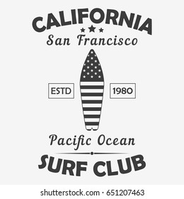 California, San Francisco typography for design clothes, t-shirt. Pacific Ocean surf club graphics. Print for sport apparel with surfboard with American flag. Vector illustration.