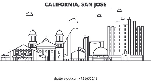 Ilustración de la línea de horizonte de la arquitectura San José de California. Paisaje de ciudad vectorial lineal con puntos de referencia famosos, vistas de la ciudad, iconos de diseño. Paisaje con trazos editables