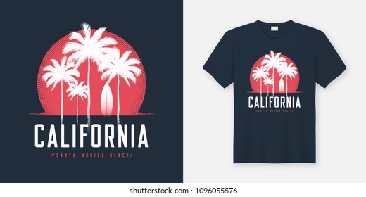 California Santa Monica Beach t-shirt and apparel design, typography, print, vector illustration. Global swatches.