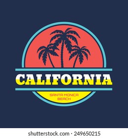 California - Santa Monica beach - vector illustration concept in vintage graphic style for t-shirt and other print production. Palms and sun logo badge. Design elements. 