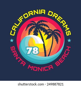 California - Santa Monica beach - vector illustration in vintage graphic style for t-shirt and other print production. Palms, wave and sun creative logo badge design. Summer vacation concept. 