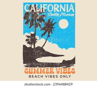 California, Santa Mónica verano diseño gráfico de vibraciones para la impresión de camisetas, afiche, pegatina, fondo y otros usos.  Palmera con tabla de surf. Diseño gráfico para camisetas del club de surf.