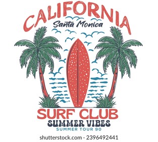 California, Santa monica. Summer vibes graphic design for t shirt print, poster, sticker, background and other uses. Palm tree with surfing board. Surfing club graphic print design for t shirt.