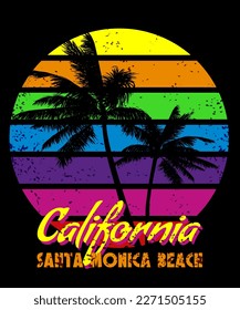 California Santa Monica sunset print t-shirt design. Poster retro grunge palm tree silhouettes