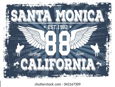 California Santa Monica Surfing vector print and varsity. For t-shirt or other uses in vector.