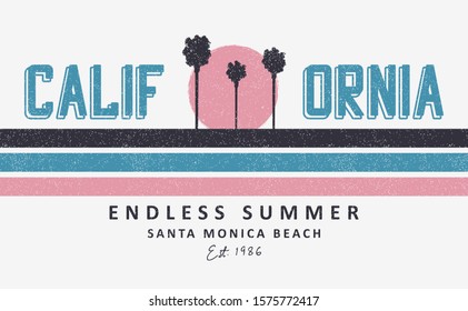 California, Santa Monica t-shirt design with palm trees and sun. Print for apparel design with stripes and grunge. Vector illustration.