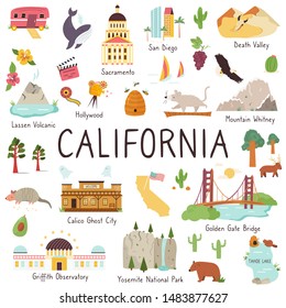 California set of landmarks monuments, animals, symbols. Vector cartoon illustration