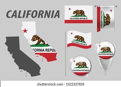 CALIFORNIA. Set of national infographics elements with various flags, detailed maps, pointer, button and different shapes badges. Patriotic 3d symbols for Sport, Patriotic, Travel, Design, Template.